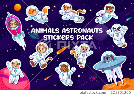Cartoon animal astronauts stickers pack of funny spaceman in galaxy space, vector personages. Cartoon zoo animals in spacesuits, koala in alien UFO or monkey on galaxy planet with sloth in rocket 121801200