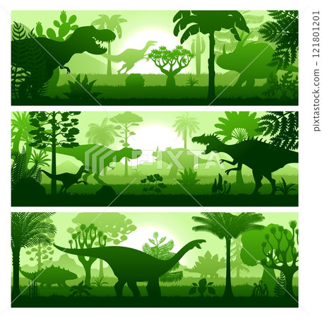 Prehistoric era dinosaurs at tropical forest landscape. Vector horizontal banners in green hues feature dino species silhouette roaming at lush jungle landscape with varied plants at sunset background Prehistoric era dinosaurs at tropical forest landscape. Vector horizontal banners in green hues feature dino species silhouette roaming at lush jungle landscape with varied plants at sunset background 121801201