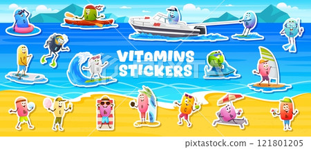 Stickers pack of cartoon micronutrient and vitamin characters on summer vacation by the beach engaging in outdoor activities like surfing, boating, kayaking, swimming, sunbathing, with relaxation fun 121801205