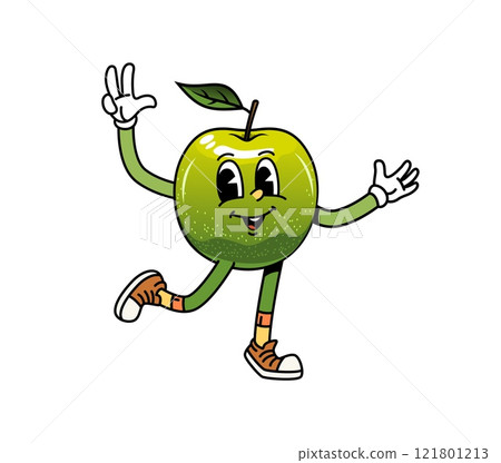 Cartoon groovy apple fruit character with happy face and fingers peace sign, vector emoji. Groovy green apple smiling with freaky emotion and peace or cool Hi gesture sign as retro cartoon character Cartoon groovy apple fruit character with happy face and fingers peace sign, vector emoji. Groovy green apple smiling with freaky emotion and peace or cool Hi gesture sign as retro cartoon character 121801213