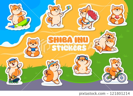 Kawaii shiba inu dog and puppy characters sticker. Cute animal pet childish happy vector mascot stickers, kawaii Japanese Shiba inu dog cartoon personages surfing, riding bike, jogging and skating Kawaii shiba inu dog and puppy characters sticker. Cute animal pet childish happy vector mascot stickers, kawaii Japanese Shiba inu dog cartoon personages surfing, riding bike, jogging and skating 121801214