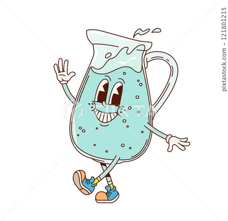 Cartoon groovy water jug or pitcher character with funny face, vector comic emoji. Groovy glass jug or pitcher with water with happy smile and funky Hi gesture for water drink retro cartoon character 121801215