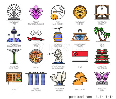 Singapore travel landmarks and vacation icons of attractions and sightseeing, vector symbols. Singapore tourism, Flyer observation wheel, lion fountain and temples with flag and national orchid flower 121801218