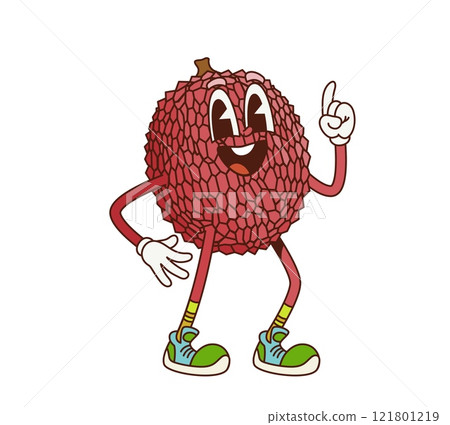 Cartoon retro groovy lychee fruit character gesturing with raised finger, exuding great idea and fun. Isolated vector ripe and cheerful tropical fruit retro personage in vintage sneakers and gloves 121801219