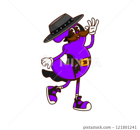 Groovy cartoon math number 3 cowboy or Western bandit, vector funny character. Groovy number Three 3 as Texas ranger or Wild West cowboy in robber mask with face and mustaches as cartoon character 121801241