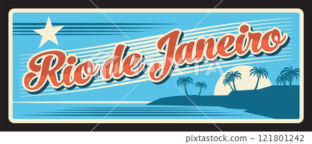 Brazil Rio De Janeiro, retro travel plate of Brazilian district and state, vector. Brasil estados metal plaque with city tagline, flag and landmark of sunset and palm trees. Rio de Janeiro signage Brazil Rio De Janeiro, retro travel plate of Brazilian district and state, vector. Brasil estados metal plaque with city tagline, flag and landmark of sunset and palm trees. Rio de Janeiro signage 121801242