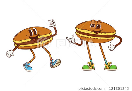 Cartoon retro groovy japanese dorayaki dessert characters. Takeaway cafe dorayaki cheerful groovy personage, 60s 70s funky isolated vector character. Fast food menu snack or street meal funny mascot Cartoon retro groovy japanese dorayaki dessert characters. Takeaway cafe dorayaki cheerful groovy personage, 60s 70s funky isolated vector character. Fast food menu snack or street meal funny mascot 121801243