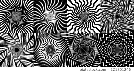 Psychedelic hypnosis swirl, hypnotic spiral patterns. Monochrome vector set of optical illusions with swirling circular shapes, wavy lines or rays. Abstract black and white surreal spiraling effect Psychedelic hypnosis swirl, hypnotic spiral patterns. Monochrome vector set of optical illusions with swirling circular shapes, wavy lines or rays. Abstract black and white surreal spiraling effect 121801246