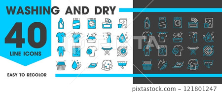 Washing and dry cleaning icons for laundry service, vector line pictograms. Dry cleaning icons of laundromat washing machine or hand wash clothing and stain removal from shirt, detergent and iron Washing and dry cleaning icons for laundry service, vector line pictograms. Dry cleaning icons of laundromat washing machine or hand wash clothing and stain removal from shirt, detergent and iron 121801247
