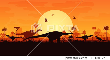 Prehistoric dinosaurs silhouettes at sunset landscape with trees and plants. Vector background with terrain dino species and flying pterosaur shadows in front of the large orange sun in a dusk sky 121801248