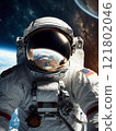 An astronaut facing forward, with Earth and the vast expanse of space reflected in the helmet visor. 121802046