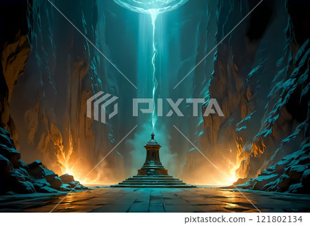 Blue light falling on an altar inside a cave (AI-generated image) 121802134