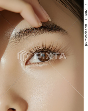 一位美麗的年輕亞洲女性的眼睛特寫 | 美麗的眼睛、睫毛和眉毛的化妝肖像 一位美麗的年輕亞洲女性的眼睛特寫 | 美麗的眼睛、睫毛和眉毛的化妝肖像 121802194