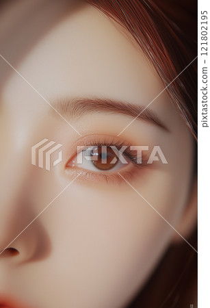 一位年輕可愛的亞洲女性的眼睛特寫。美容肖像,包括眼睛、睫毛和眉毛的美麗妝容 一位年輕可愛的亞洲女性的眼睛特寫。美容肖像,包括眼睛、睫毛和眉毛的美麗妝容 121802195