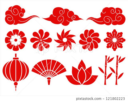Chinese traditional culture ornament China oriental style tradition elements fold fan clouds flowers lotus water lily bamboo lantern light icons prosperity symbol design red color set collection 121802223