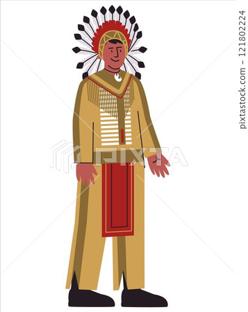 Native American people wearing traditional attire Apache Indian man character heritage culture feathers accessory headdress clothing tribe style design icon set 121802224