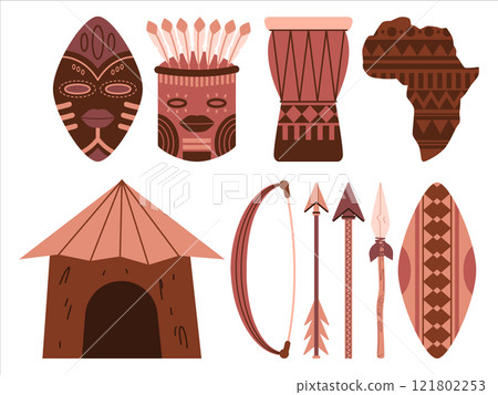 African culture Maasai spear Bakongo masks Africa weapon shield bow arrow spears traditional percussion music instrument Djembe map cultural pattern design icons set collection 121802253