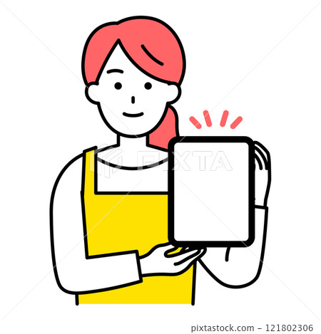 穿著圍裙的女人展示平板電腦螢幕 121802306