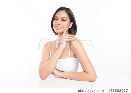 Beautiful young asian woman with clean fresh skin on white background, Face care, Facial treatment, Cosmetology, beauty and spa, Asian women portrait. Beautiful young asian woman with clean fresh skin on white background, Face care, Facial treatment, Cosmetology, beauty and spa, Asian women portrait. 121802417