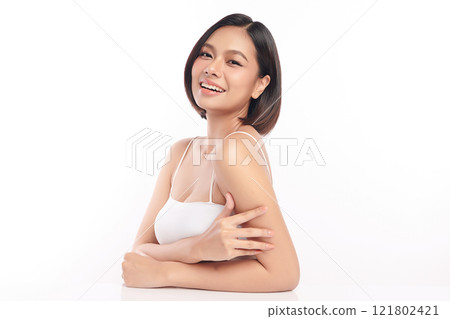 Beautiful young asian woman with clean fresh skin on white background, Face care, Facial treatment, Cosmetology, beauty and spa, Asian women portrait. 121802421