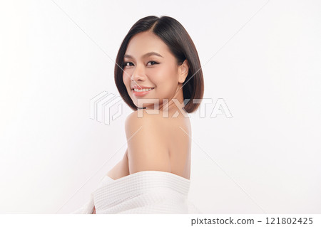 Beautiful young asian woman with clean fresh skin on white background, Face care, Facial treatment, Cosmetology, beauty and spa, Asian women portrait. Beautiful young asian woman with clean fresh skin on white background, Face care, Facial treatment, Cosmetology, beauty and spa, Asian women portrait. 121802425