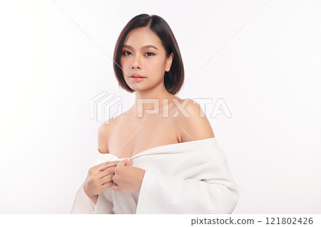 Beautiful young asian woman with clean fresh skin on white background, Face care, Facial treatment, Cosmetology, beauty and spa, Asian women portrait. Beautiful young asian woman with clean fresh skin on white background, Face care, Facial treatment, Cosmetology, beauty and spa, Asian women portrait. 121802426