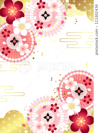 Spring background of hemp leaf pattern clouds, diagonal red plum blossoms and umbrellas, cute, illustration, vertical, pink 121802436