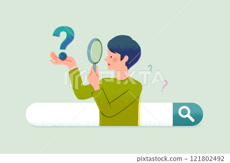 Illustration of a man holding a magnifying glass searching the internet 121802492