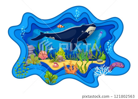 Paper cut underwater landscape with sperm whale and ocean fishes, vector banner. Cartoon undersea background with coral reef clownfish, pearl seashell and sperm whale in seaweeds in paper cut water Paper cut underwater landscape with sperm whale and ocean fishes, vector banner. Cartoon undersea background with coral reef clownfish, pearl seashell and sperm whale in seaweeds in paper cut water 121802563