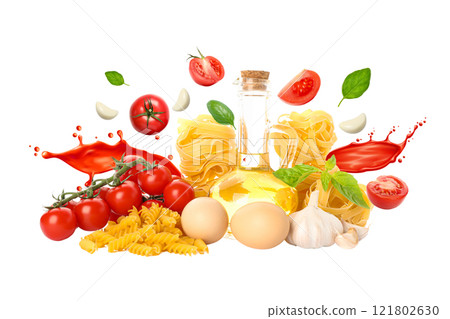 PNG, Food art, basic ingredients for cooking, isolated on white background, generated by Generative AI technology. 121802630
