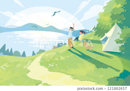 Men and women camping in the wilderness 121802657