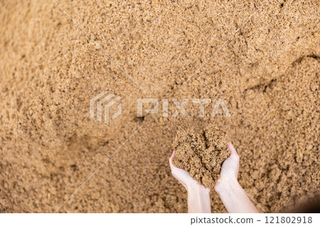 Closeup of beer bagasse in female hands Closeup of beer bagasse in female hands 121802918