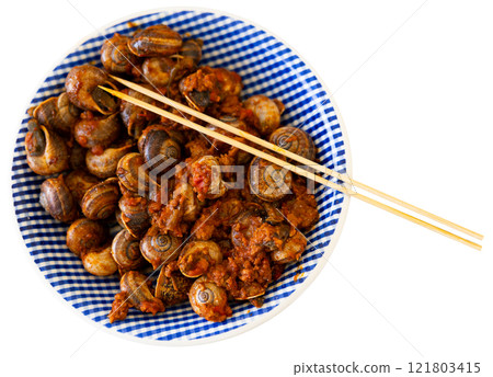Snails with minced meat and tomatoes. Mediterranean dish Snails with minced meat and tomatoes. Mediterranean dish 121803415