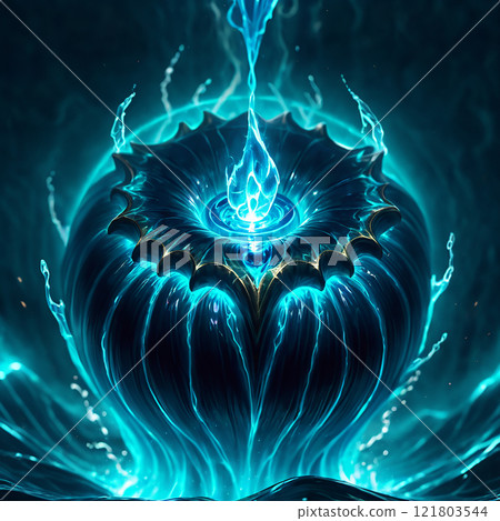 A mystical sword composed of blue water and ice, with golden accents, pierces the surface of a tranquil lake. The blade sparkles in the moonlight, leaving a trail of shimmering droplets.  121803544