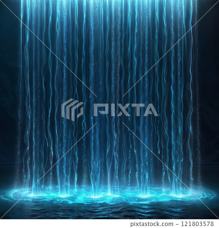 A mystical sword composed of blue water and ice, with golden accents, pierces the surface of a tranquil lake. The blade sparkles in the moonlight, leaving a trail of shimmering droplets.  121803578