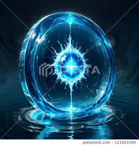 A mystical sword composed of blue water and ice, with golden accents, pierces the surface of a tranquil lake. The blade sparkles in the moonlight, leaving a trail of shimmering droplets.  121803589