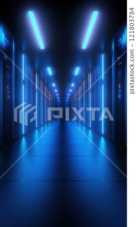 Futuristic data center corridor with blue lighting effects 121803784