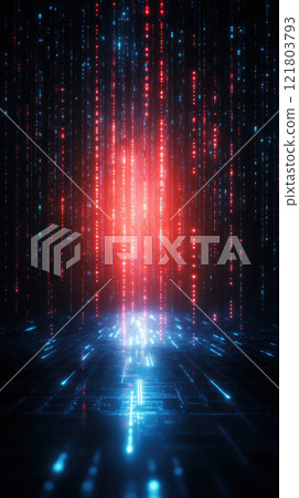 Futuristic digital landscape with glowing red and blue lights Futuristic digital landscape with glowing red and blue lights 121803793