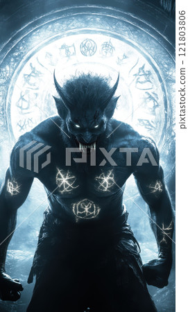 fierce demon with glowing tattoos and sharp fangs fierce demon with glowing tattoos and sharp fangs 121803806