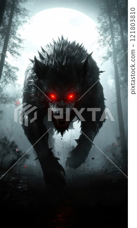 fierce beast with glowing red eyes in dark forest fierce beast with glowing red eyes in dark forest 121803810