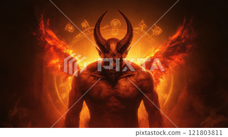 fierce demonic figure with fiery wings and jagged horns 121803811