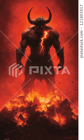 fierce demon with jagged horns and molten veins stands tall fierce demon with jagged horns and molten veins stands tall 121803817