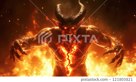 fiery demon with molten veins and jagged claws emerges 121803821