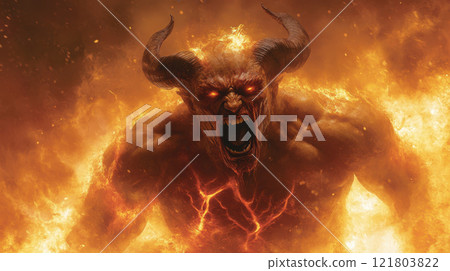 Fiery demon with molten veins and jagged horns roaring fiercely Fiery demon with molten veins and jagged horns roaring fiercely 121803822