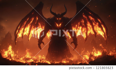 fiery demon with molten wings and glowing eyes stands menacingly 121803823
