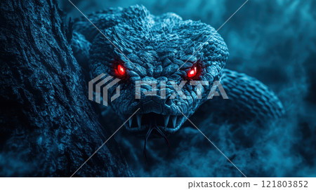 creature with serpentine features and glowing red eyes 121803852