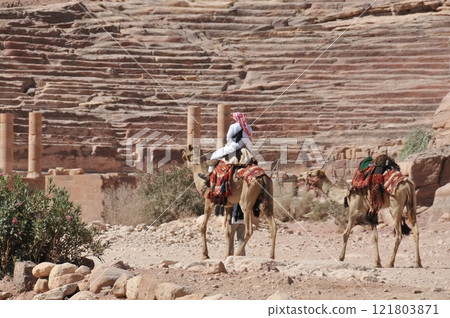 Jordan, Petra, Petra ruins, camels, Roman amphitheater 121803871