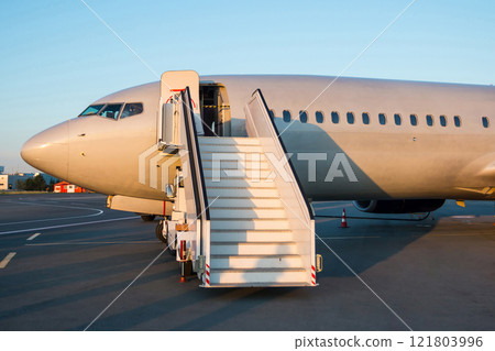 Modern passenger airliner with boarding steps at the airport apron 121803996