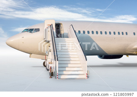 Close-up of passenger airliner with aircraft steps isolated on bright background with sky 121803997