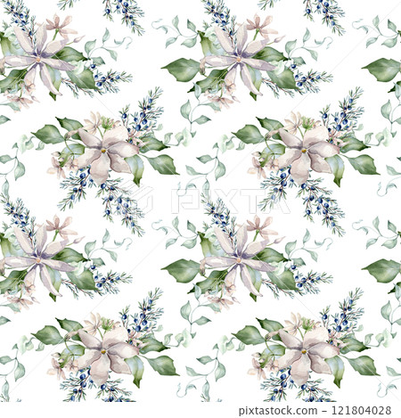 Watercolor seamless pattern of jasmine pink flowers and juniper branch isolated. Botanical winter repeated texture in soft tones hand drawn. Blooms and coniferous painted for Christmas background. 121804028